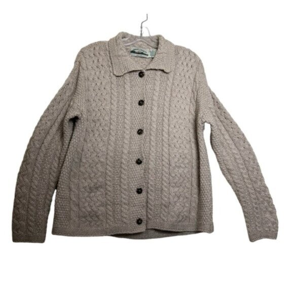 ARAN CRAFTS Ireland Wool Cable Knit Cardigan Sweater Knit Cozy Warm Tan Button L - Picture 2 of 16